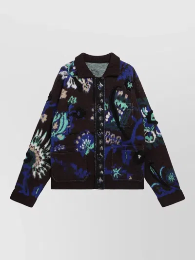 Sacai Floral Jacquard Knit Blouson Cardigan Sweater In Blue