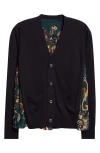 Sacai Floral Panel Mixed Media Cardigan In Black