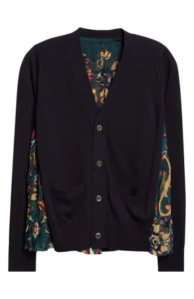 Sacai Floral Panel Mixed Media Cardigan In Black