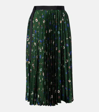 Sacai Belted Grosgrain-trimmed Pleated Floral-print Satin Midi Skirt In Green