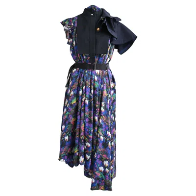 Sacai Floral-print Belted Asymmetric Midi Dress In Multicolor Polyester In Blue