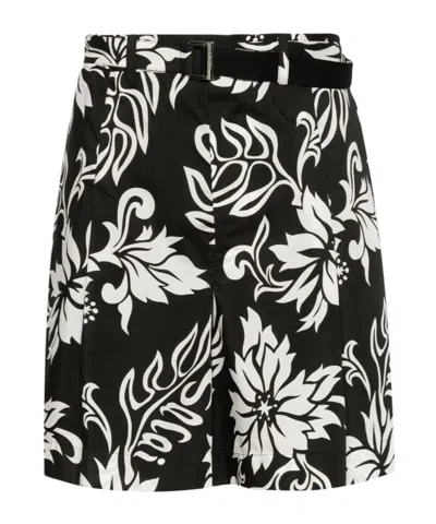 Sacai Floral-print Belted Shorts In Black