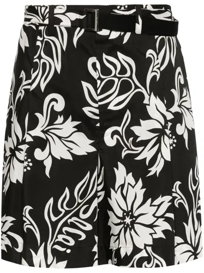 Sacai Floral-print Belted Shorts In Black