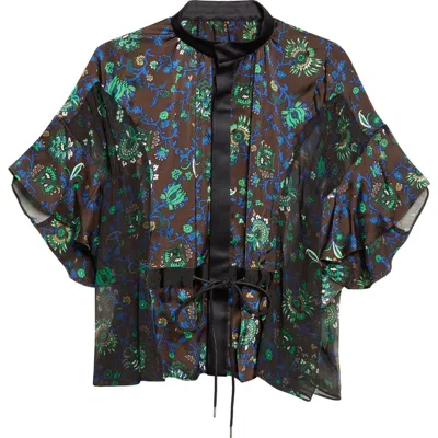 Sacai Floral Print Drawstring Button-up Shirt In Brown