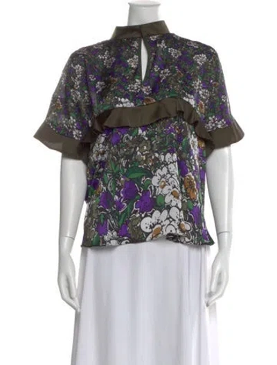 Pre-owned Sacai Floral Print Mock Neck Blouse In Green