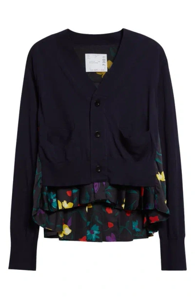 Sacai Floral Print Pleated Back Mixed Media Cardigan In Navy