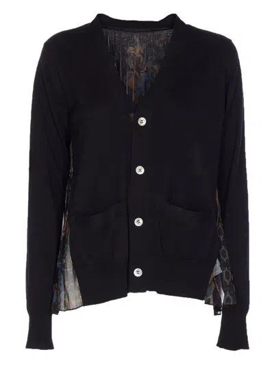 Sacai Floral-print Pleated Cardigan In Black