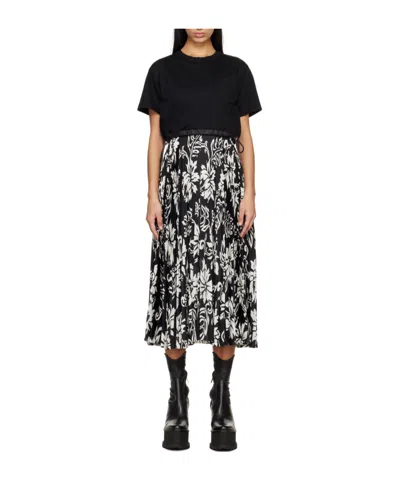Sacai Floral-print Pleated Dress In Black