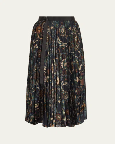 Sacai Floral Print Pleated Midi Skirt In Black