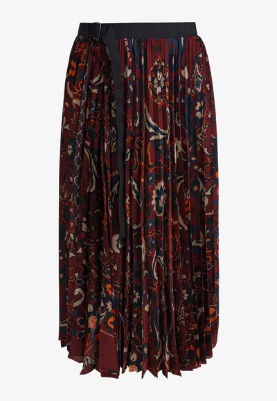 Sacai Pleated Floral Pattern Mid-length Skirt In Brown