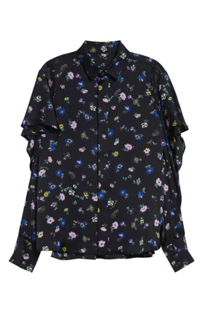 Sacai Floral Print Ruffle Button-up Shirt In Black