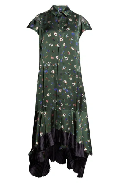 Sacai Floral Print Satin Shirtdress In Gray