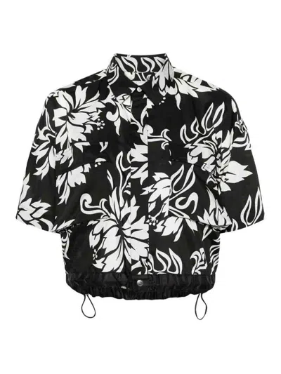 Sacai Floral Print Shirt In Black