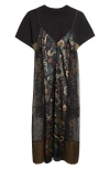 Sacai Floral Print Slipdress Overlay T-shirt Dress In Black