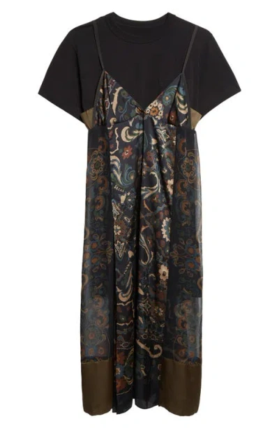 Sacai Floral Print Slipdress Overlay T-shirt Dress In Black