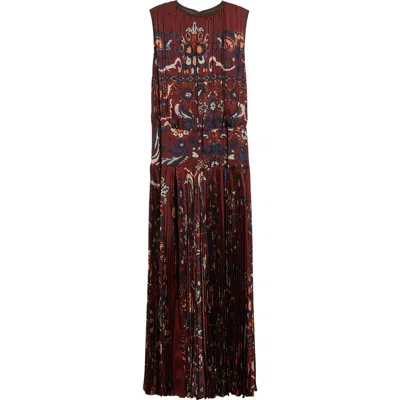 Sacai Floral Sleeveless Gathered & Pleated Dress In Burgundy