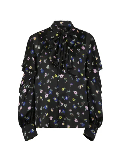 Sacai Floral Print Ruffle Button-up Shirt In Black