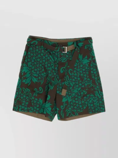 Sacai Flower Embroidered Patch Shorts In Green
