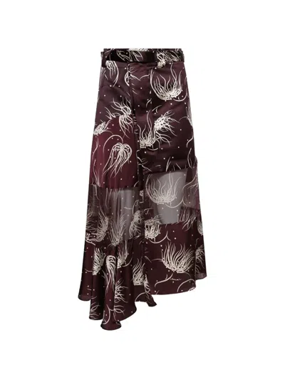 Sacai Flower Print Panel Skirt In Burgundy