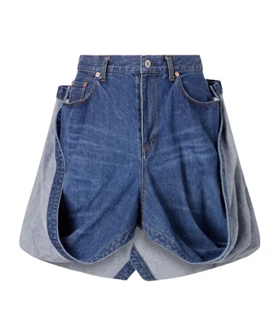 Sacai Folded Denim Skirt In Blue