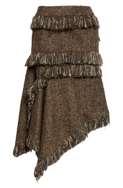 Sacai Fringe Asymmetric Wool Blend Tweed Skirt In Brown