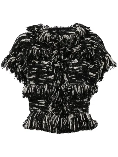 Sacai Fringed-edge Knitted Jacket In Black