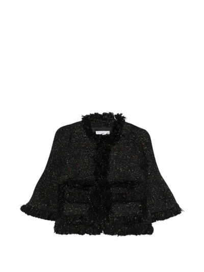 Sacai Fringed Tweed-effect Jacket In Black