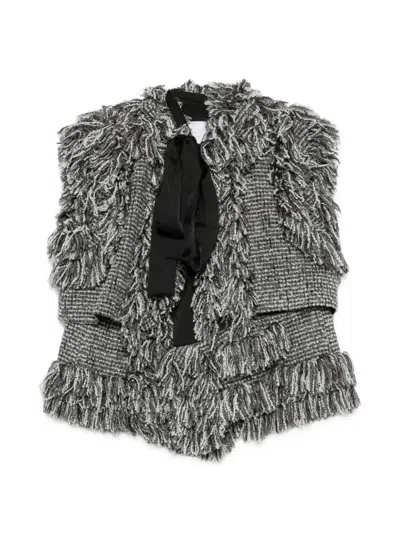 Sacai Fringed Tweed-effect Jacket In Gray