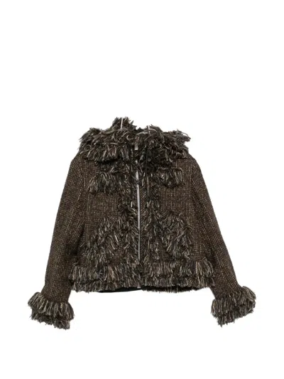 Sacai Wool-blend Frayed Tweed Zip-up Jacket In Animal Print