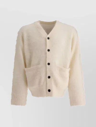 Sacai Front Pockets Mohair Knit Cardigan In White