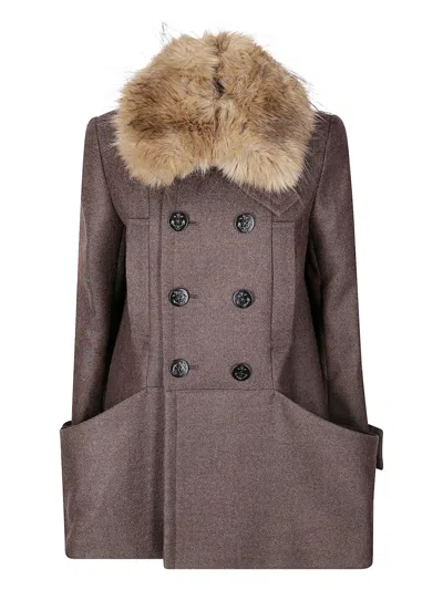 SACAI FUR-COLLAR DOUBLE-BREASTED WOOL COAT
