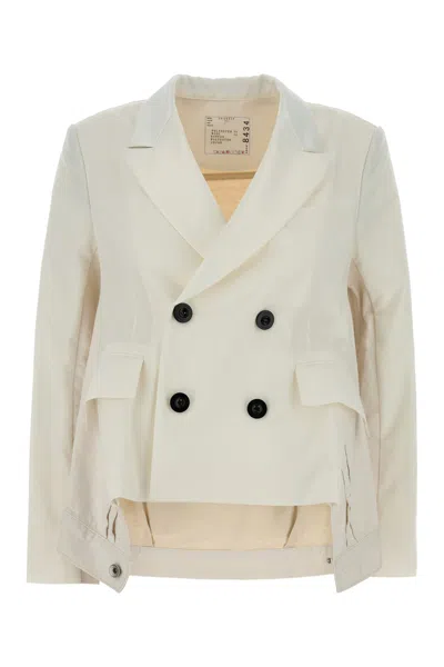 Sacai Twill And Denim Double Breasted Blazer In Neutral