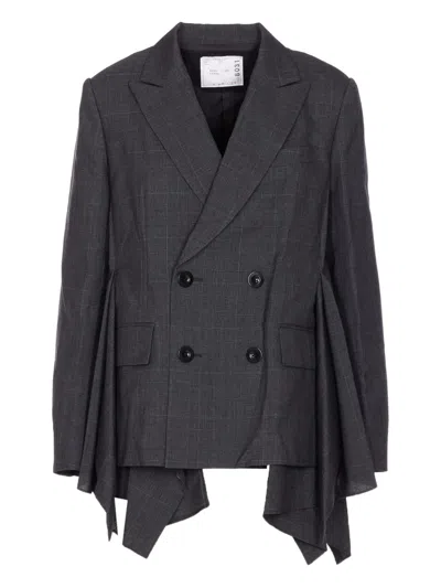 Sacai Glen-check Pleated Blazer In Gray