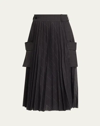 Sacai Glen Pleated Check-print Midi Skirt In Black