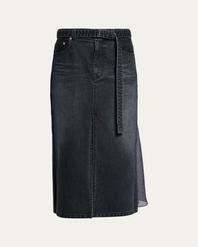 Sacai Godet Denim Midi Skirt In Black