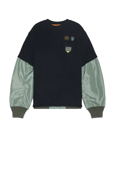 Sacai Gonz Multi Patch Nylon Twill & Knit Sweater In Navy & B Khaki