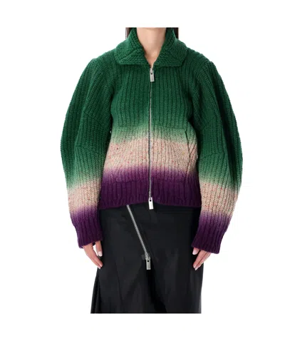 Sacai Gradient Pattern Knitted Bomber Cardigan In Green