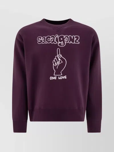 Sacai Graphic Print Crewneck Sweatshirt With Ribbed Cuffs In Purple