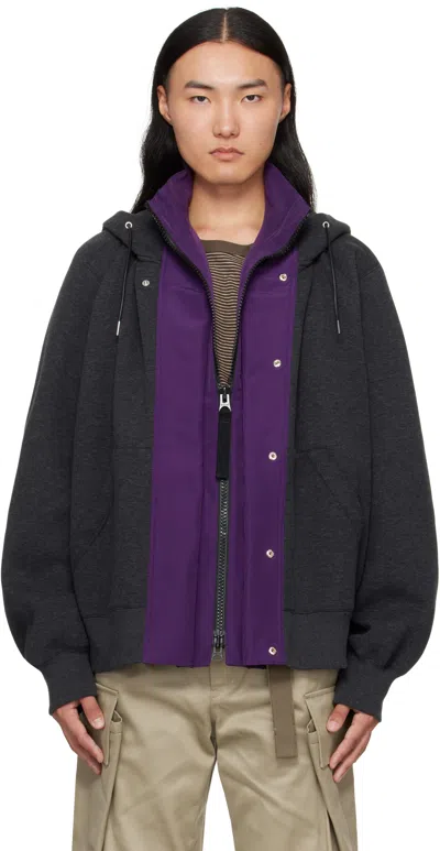 SACAI GRAY & PURPLE SPONGE SWEAT & GROSGRAIN HOODIE