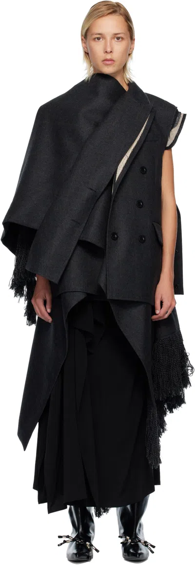 Sacai Gray Double-faced Plaid Melton Vest In Black