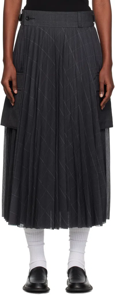 Sacai Gray Glen Check Midi Skirt In Black