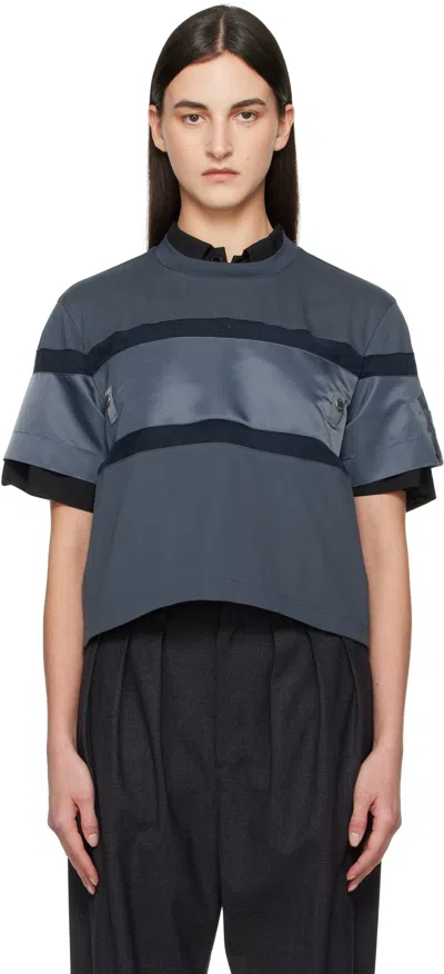 Sacai Gray Nylon Twill Mix Cotton Jersey T-shirt In 375 Blue Gray