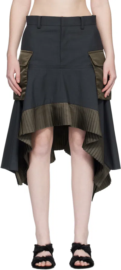 Sacai Gray Suiting & Nylon Twill Midi Skirt In Blue