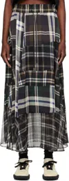 Sacai Patchwork Checked Chiffon Maxi Skirt In 564 Green*brown