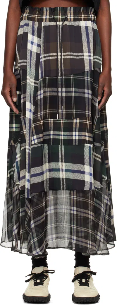 SACAI GREEN & BROWN PLAID PRINT MAXI SKIRT