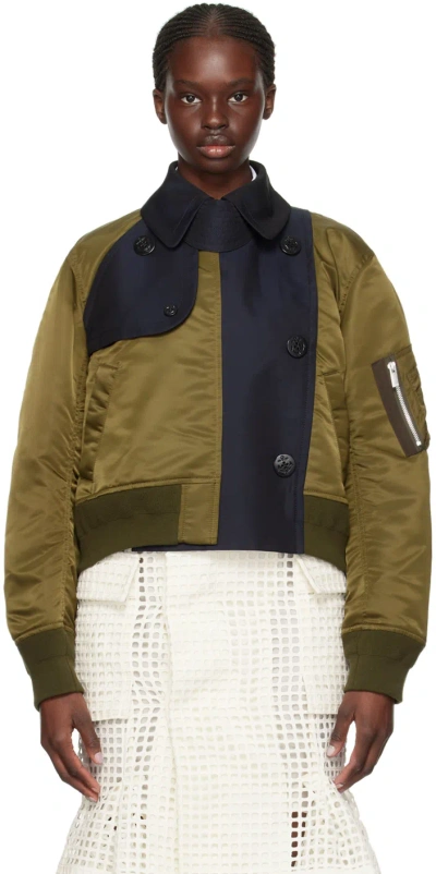 Sacai Green & Navy Mock Double-breasted Bomber Jacket In 247 Navyã—olive