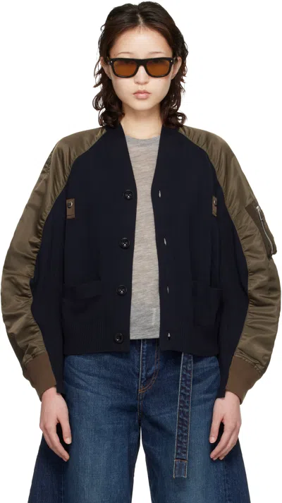 Sacai Green & Navy Nylon Twill Knit Cardigan In Animal Print