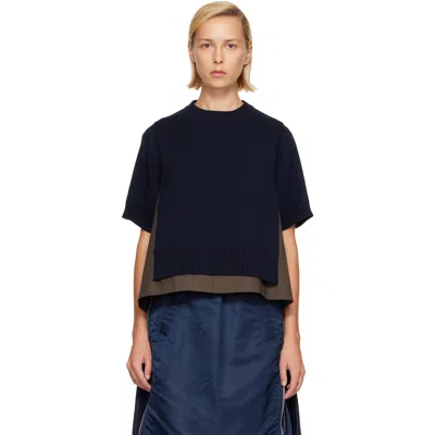 Sacai Green Cotton Weather & Cotton Cashmere Knit Sweater In 212navyã—khaki