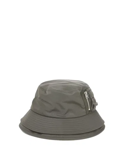 Sacai Green Double Brim Bucket Hat With Zippered Pocket And Embroidered Logo For Men