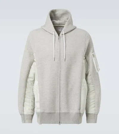 Sacai Cotton Jersey And Technical Twill Hoodie In Grey